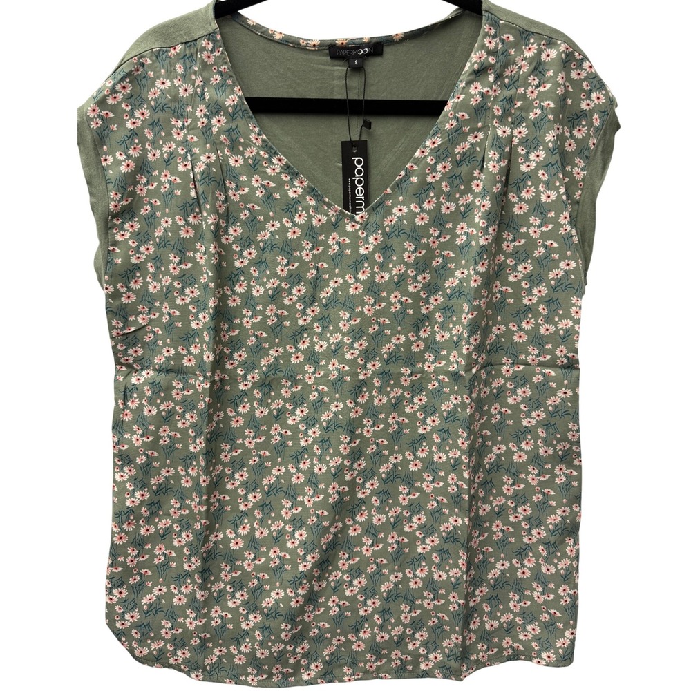 NWT Papermoon Floral Blouse Button Back V-Neck Olive Green Top Size‎ S